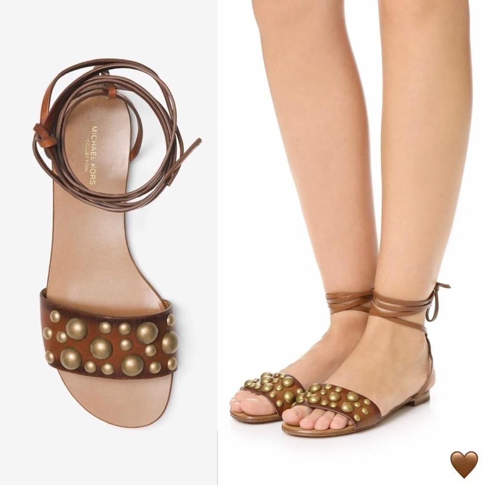 New Michael Kors Collection Mica Studded  Strappy Sandals Brown Leather Size 6.5 - Picture 12 of 13